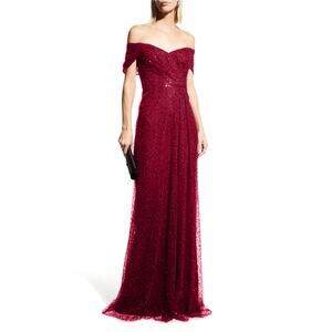 Teri Jon Burgundy Gown Sequin Beaded Tulle Off the Shoulder Dress‎ Sz 2 Women's
